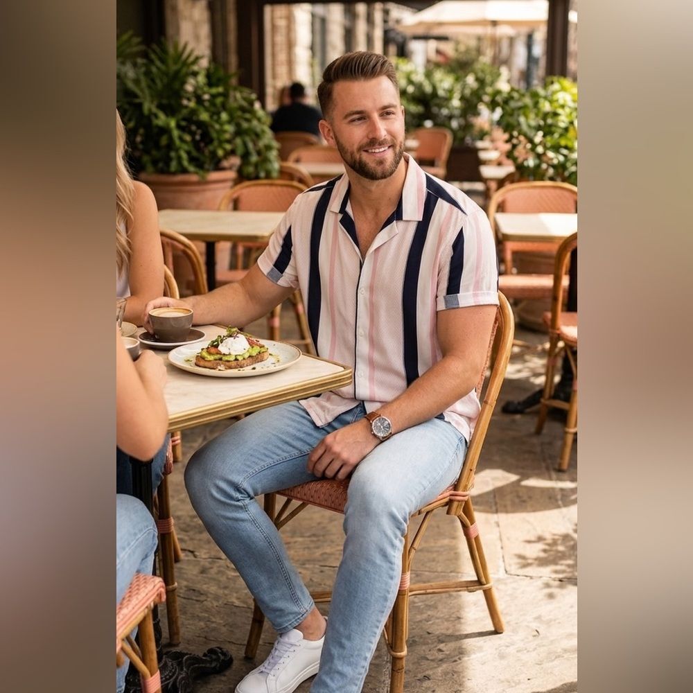 Denim & Flower Men’s Short-Sleeve Button-Down Shirt in Pink and Navy Stripes